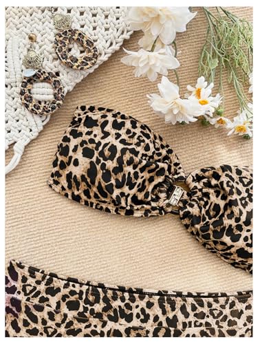 GORGLITTER Women's Cheetah Leopard Print Bikini Set Strapless Bandeau High Waisted Swimsuit3