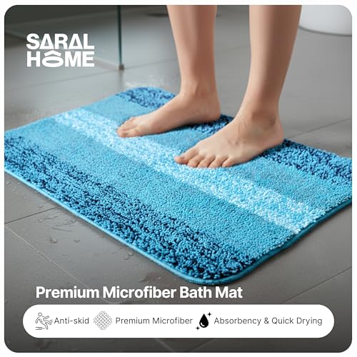 Image of SARAL HOME EASY LIVING Microfiber Striped Rectangle Shaped Anti-Skid Bath Mats|Soft & Super Absorbent Mats for Shower|Washable, Non-Slip & Quick-Drying Mats, 50X70 CM|Set of 2(Turquoise & Brown)