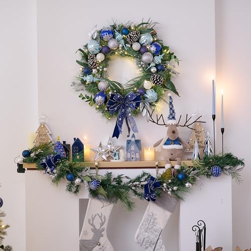 Valery Madelyn 6 Feet Pre-Lit Christmas Garland with Lights for Mantle, Lighted Outdoor Xmas Garland with Silvery Blue Ball & Bows for Home Stairs Fireplace Table Centerpiece Indoor Holiday Decor by Valery Madelyn - Image 2