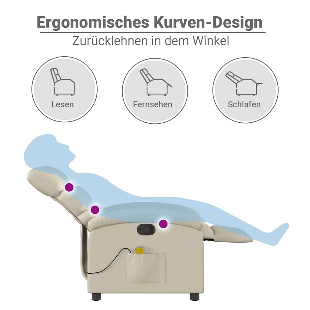 vidaXL Massagesessel ohne Netzadapter, Sessel Verstellbare Rückenlehne, Fernsehsessel Relaxsessel mit Vibrationsfunktion, Liegesessel Polstersessel Ruhesessel, Creme Kunstleder