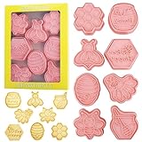 Bee Cookie Cutters with Cookie Stamps 8 Pcs Honeycomb Fondant Cheese Baking Molds for Honey Bees Party Decoration (Honeycomb)