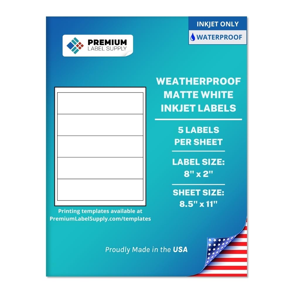 Premium Label Supply Waterproof Matte White Water Bottle Labels – 8" x 2" – Inkjet Printers Only – (5 per Sheet), 25 Sheets - 125 Total Adhesive
