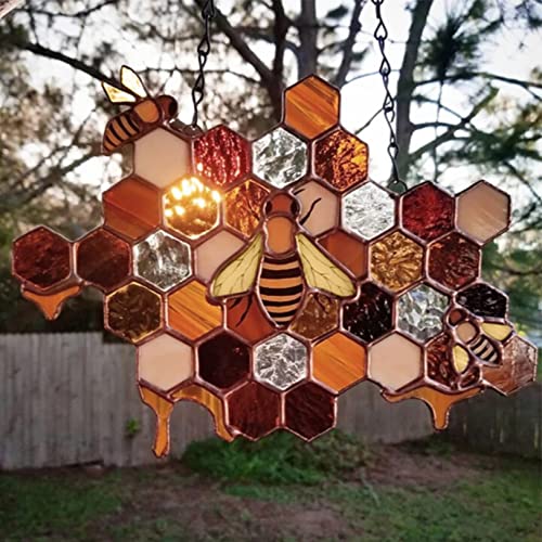 Honeycomb Bee Suncatcher - Honeybee Festival Wall Accessories Summer Decor,Handmade Bee Stained Glass Window Hanging For Mom Grandma Birthday Gifts (Style-01) #TOP4
