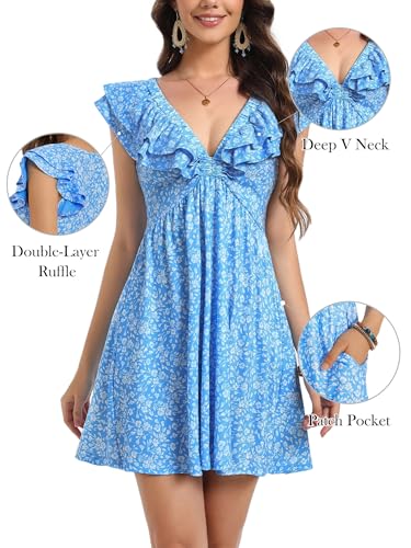 Image of Loemes Women Summer Cute Floral Deep V Neck Mini Dress Casual Ruffle Sleeveless High Waist Swing Beach Sundress with Pockets