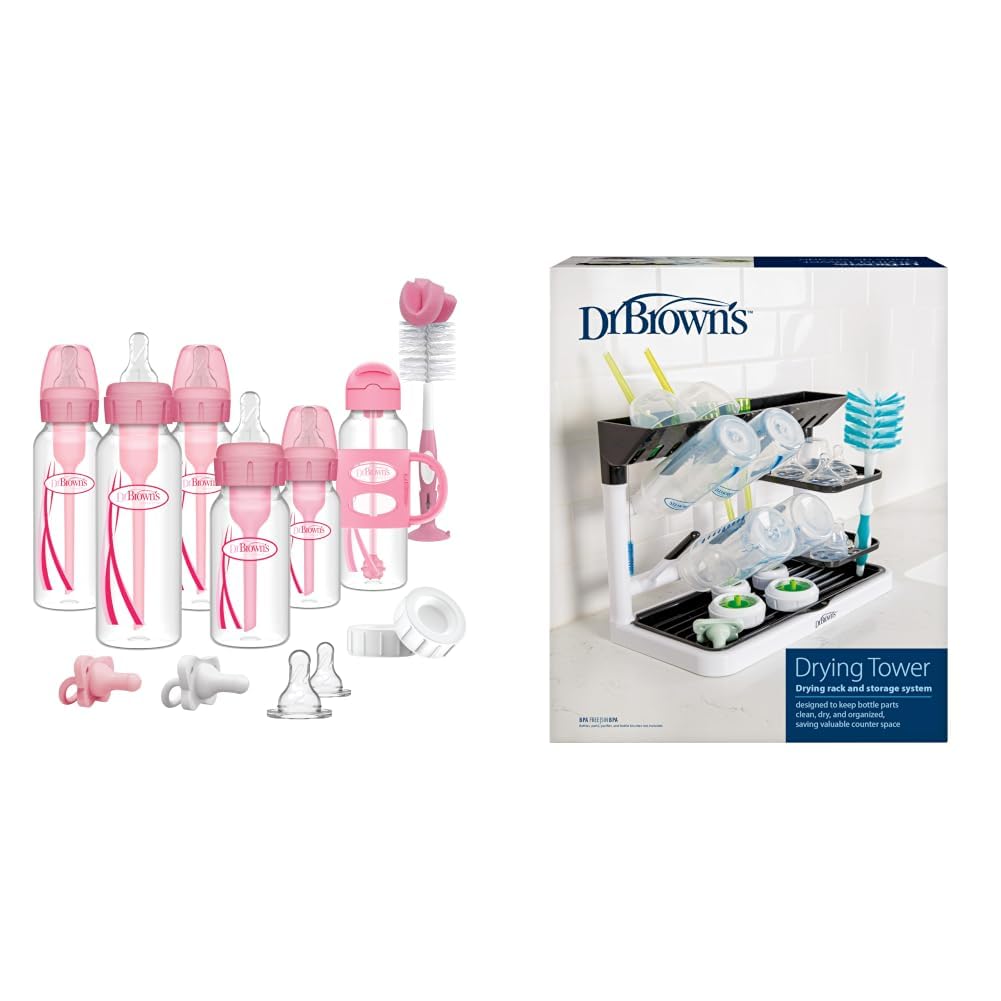 Dr. Brown's Anti-Colic Options+ Narrow and Sippy Straw Bottle Gift Set, 0m+ + Stand-Up Baby Bottle Drying Tower Rack