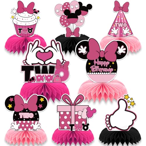 Mouse Table Honeycomb Centerpieces,Pink Cartoon Mouse Themed Table Topper Decor Two Year Old Birthday Party Supplies(8 Pcs)