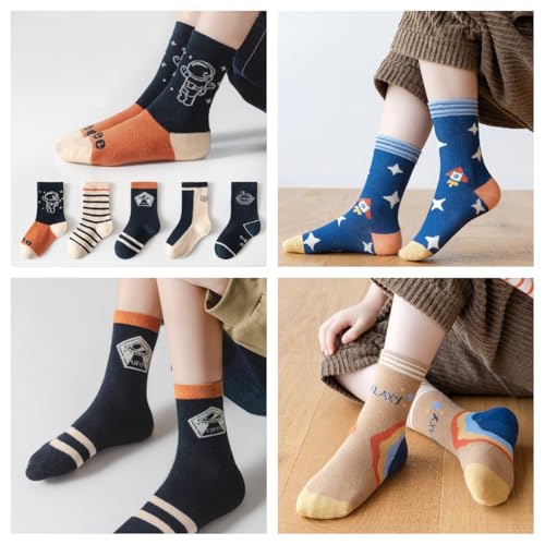 Padgene 10 Pairs Kids Boys Fun Novelty Socks Toddler None Slip Cotton Crew Dress Socks Cartoon Dinosaur Car Shark Stripes2