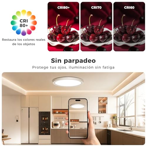 AIKVSXER Plafón LED RGB Regulable 33W Ø40cm, Lámpara de techo con 7 colores y temperatura de color ajustable 3000–6500K, con luz nocturna, Control por mando y app, ideal para salón dormitorio y cocina - imagen 7