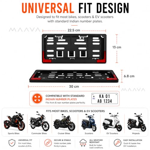 Image of Universal Bike Number Plate Frame with Reflector | Front (30 x 6.8 cm) & Rear (22.5 x 13 cm) ABS Number Plate Holder Set | Durable Registration Plate Frame for Bikes & Scooters | Universal Fit | Black