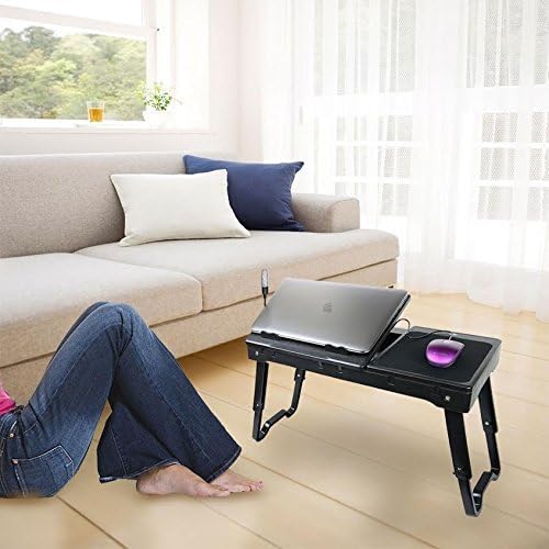 Adjustable Laptop Table Portable Bed Tray Traveling Desktop with Internal Cooling Fan and Built-in LED Light, Black