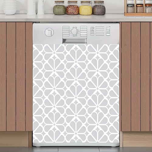 Dishwasher Magnet Cover Seamless Abstract Floral Pattern Grey White Geometric Leaf Ornament Magnetic Refrigerator Stickers Decorative Appliance Cover Fridge Panels Metal Door Kitchen Decor 23x26in