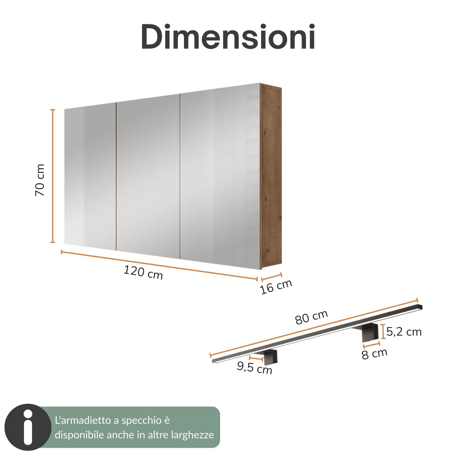 Planetmöbel ARIA Armadio a specchio con illuminazione, 120 x 70 x 16 cm, Armadietto da bagno sospeso con specchio, Rovere dorato, con lampada e presa elettrica, per bagno ospiti