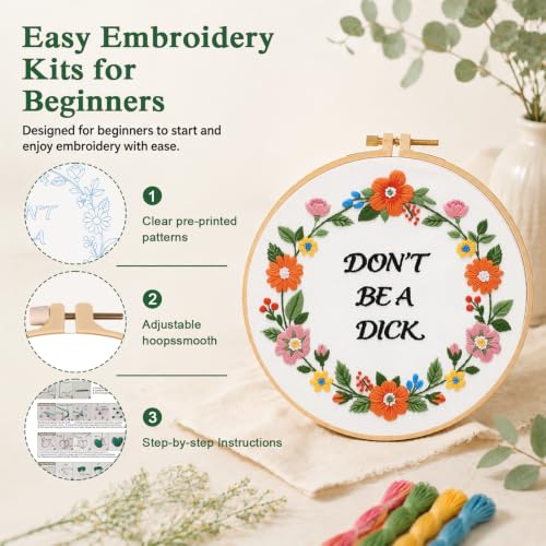 Image of Louise Maelys Funny Quote Embroidery Kit for Beginners, Floral DIY Craft