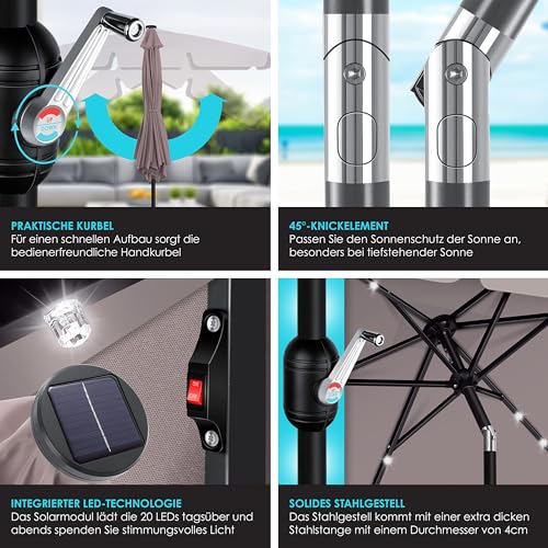 Kesser® Ombrellone Da Balcone Led Solare Con Manovella, Inclusa Custodia, Ombrellone Da Giardino, Ombrellone Da 205 X 125 Cm, Per Balcone, Giardino E Terrazza, Quadrato - 4