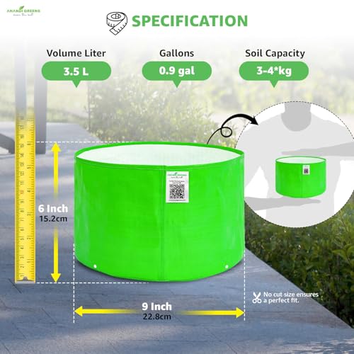 Image of Anandi Green's Premium HDPE Uv Protected 260 GSM Round Green Colour Plant Grow Bag, Suitable for Terrace and Vegetable Gardening Size 9x6 Inch Pack of 20