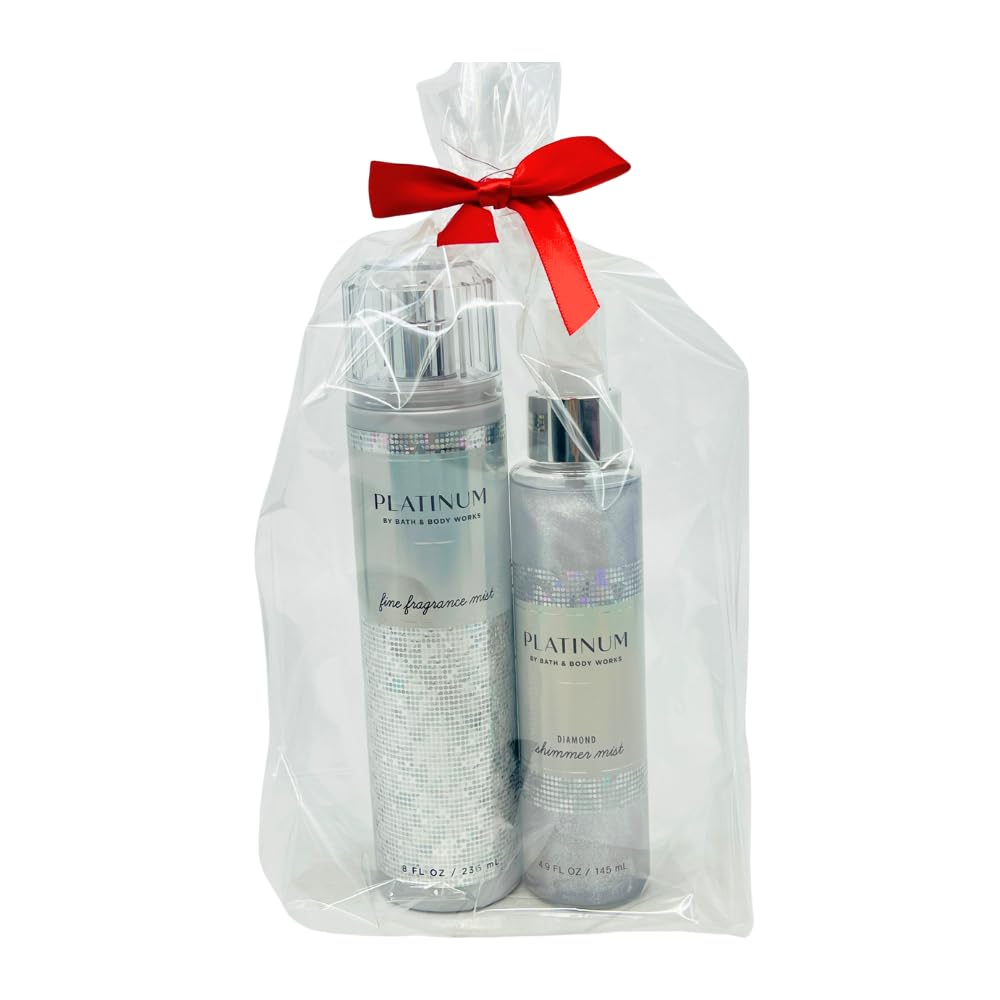 Bath & Body Works PLATINUM Fine Fragrance Mist 8 fl oz and Shimmer Mist 4.9 fl oz 2-piece Gift Set with a Red Bow for Holidays
