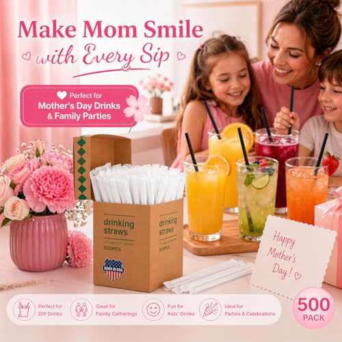 Image of Disposable Plastic Straws,500 PCS Individually Wrapped Black Drinking Straw