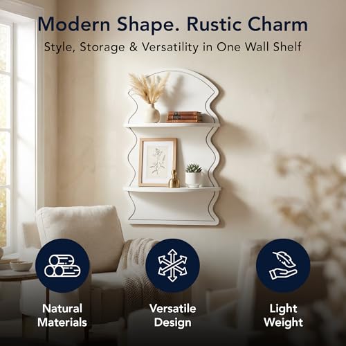 Image of American Art Decor White Wavy Arched Lunar Ledges Wall Shelf, Wooden 2-Tier Floating Bookshelf for Wall, Carved Fluted Arch Display Shelf for Bedroom Bathroom Kitchen Living Room Decor, 14 inch x 24 inch