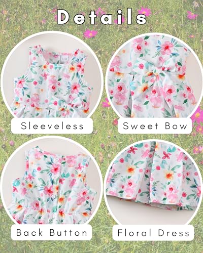 Toddler 3t Girls Clothes 2t Dress Sweet Bow Pink Flower Sleeveless Sun Dresses Summer Little Girl Fashion Dress 2-3t with Sunhat Cute Causal Beach 2 Year Old Girl Outfits - Thumbnail 5