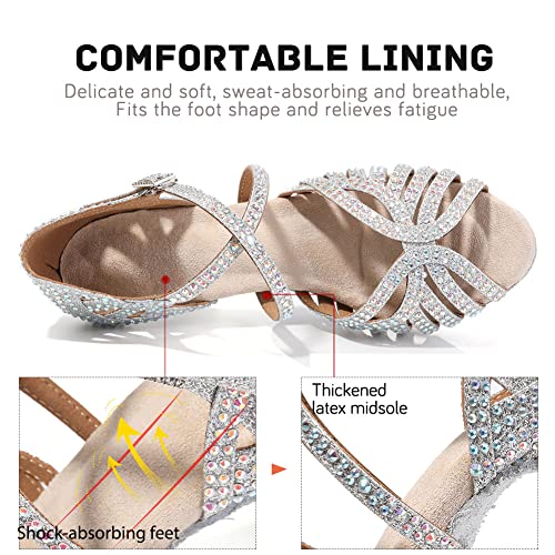 Image of JUODVMP Women's Latin Dance Shoes Rhinestones Satin Ballroom Dancing Shoes Salsa Professional Dance Shoes