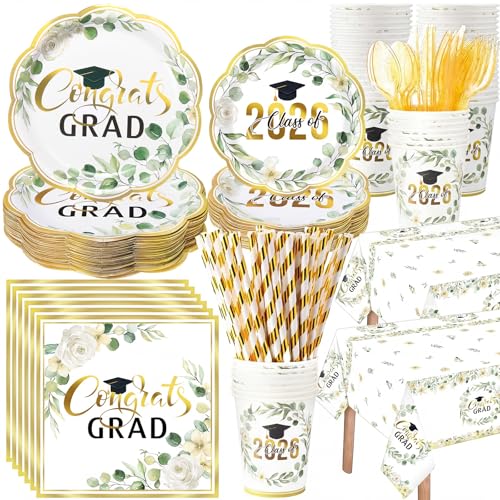 Image of Funnymoom 452 Pcs Class of 2026 Sage Green Graduation Decoration Party Supply for 50, Green Gold Eucalyptus Congrats Grad Paper Plates Napkins Cup Tablecloth Cutlery for Freshly Graduated Decoration