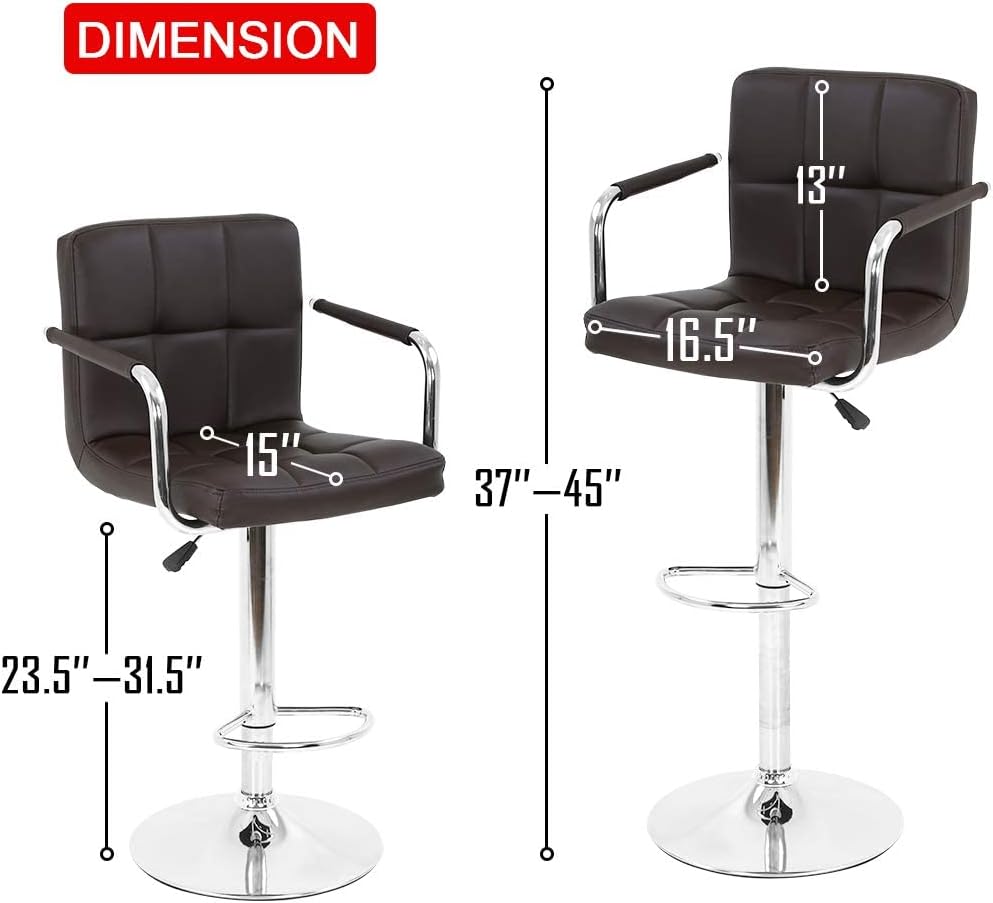 Bar Stools Set of 2 PU Leather Bar Chairs with Arms and Back Swivel Counter Height Stools Adjustable Bar Stools Bar Chair Kitchen Stool Island Stools, Brown