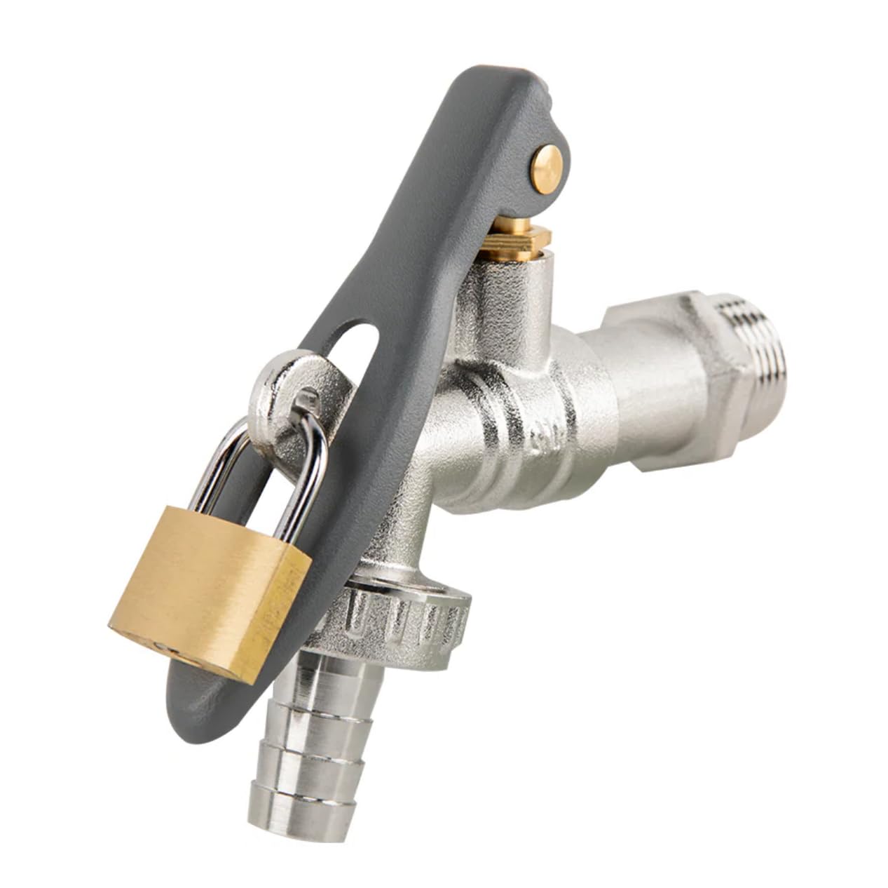 B2C Lever Lock Garden Tap 1/2" BSPM Inlet with Hose Barb Brass Nickle Plated Lockable