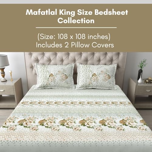 Image of Mafatlal 186 TC Spring Glory Cotton Bedsheet King Size | 274 x 274 cm | Summer Sheets for Sleeping, for Comfortable Nights | 2 Pillow Covers Included | White Down