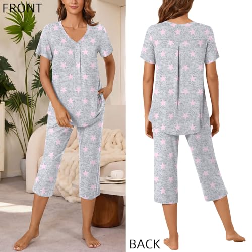 Image of Bestbee Women's Pajama Sets 2 Piece Lounge Outfits Summer Sleepwear V Neck Short Sleeve Capri Pant With Pockets Ladies Pjs