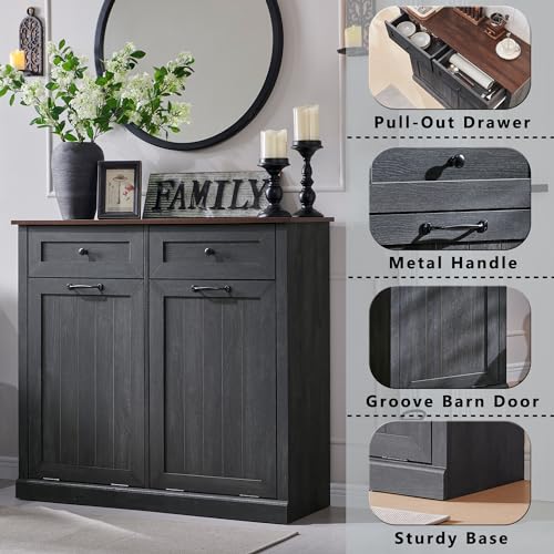 Image of IFGET Double Tilt Out Trash Cabinet, Wood Trash Can Cabinet, Dark Grey