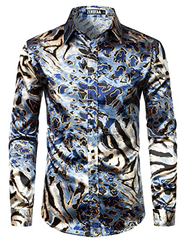 ZEROYAA Men's Hipster Tiger Stripe Printed Silk Like Satin Button Up Dress Shirt for Party Prom ZLCL31-102 Blue X-Large