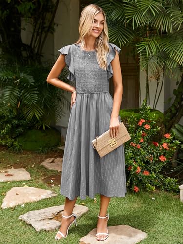 Image of Simplee Womens Striped Midi Summer Dress Linen Smocked Flutter Short Sleeve Dress Flowy Casual Dress with Pockets
