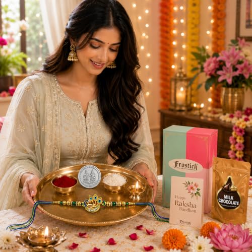 Image of Frostick Rakhi and Chocolate Combo for Brother Includes Elegant Peacock Rakhi Set of 1 with Sweet Chocolates Thoughtful Gift Set for Raksha Bandhan Festival