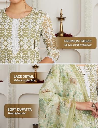 Image of Amazon Brand - Myx Women Chikankari A-Line Kurta Pant Set with Dupatta (Available in Plus Sizes)