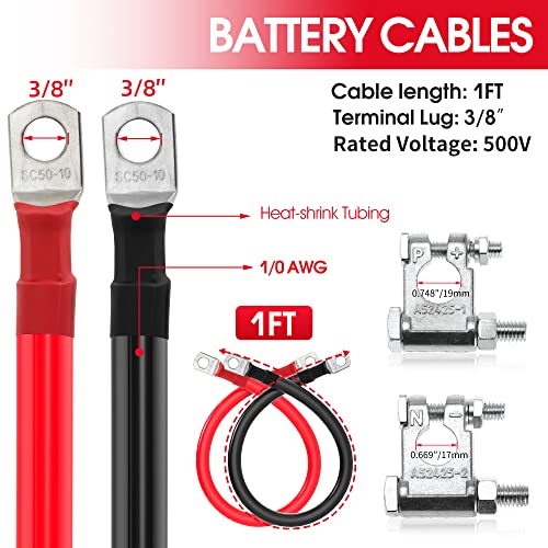 1/0 Awg Gauge Battery Cable 0 Gauge Power Inverter Cables With 3/8 Inch Lugs For Solar Marine Rv Car Truck Tractor Motorcycle (1Ft, 1 Red+1 Black Cable) #TOP1