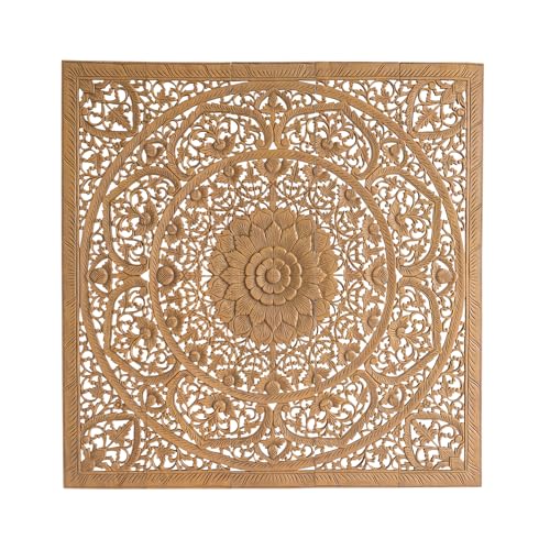 Siam Sawadee Queen Wood Carved Mandala Headboard, Handcrafted Bedroom Furniture in Reclaim Teak, Durable Wall Art Hanging from Thailand, Stained in Brown, 60 in