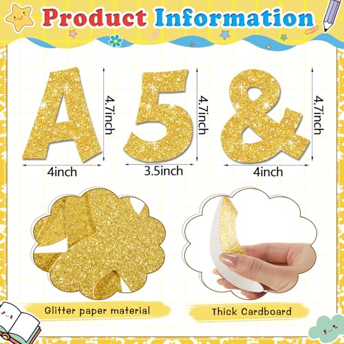 Image of Colarr 144 Pcs Glitter Bulletin Board Letters for Classroom Number Alphabet Punctuation Symbol Cutout 4'' Die-Cut Poster Letter with Adhesive Dot School Party Holiday Decor Display(Gold)
