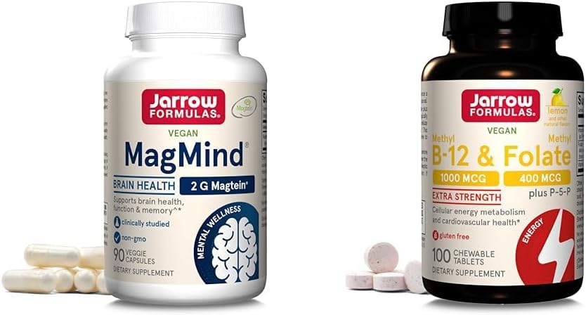 Jarrow Formulas MagMind Brain Health with Magtein (Magnesium L-Threonate) & Extra Strength Methyl B-12 1000 mcg & Methyl Folate 400 mcg + P-5-P