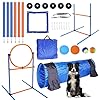 Dog agility training equipment set outdoor indoor game tire jump hurdle jump tunnel weave poles pause box 2 toy balls 2 flying discs 1 whistle carry bag premium dog obstacle course kit  urban country home decor