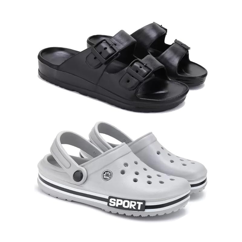 Image of WINGSCRAFT Lightweight,Classic Slider || Sandals with Clogs for Men-Combo(2)-3115-3016-8 Grey(COMBO(2)-3115-3016-8 BZ)