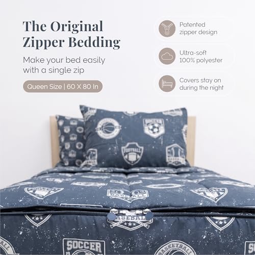 Image of Beddy's Sports Theme Durable Zipper Bedding for Kids - Bed in a Bag - Blue Sheets with Baseball, Football, Basketball, Soccer Comforter - Includes Pillowcase & Sham - Easy to Make & Wash - Queen