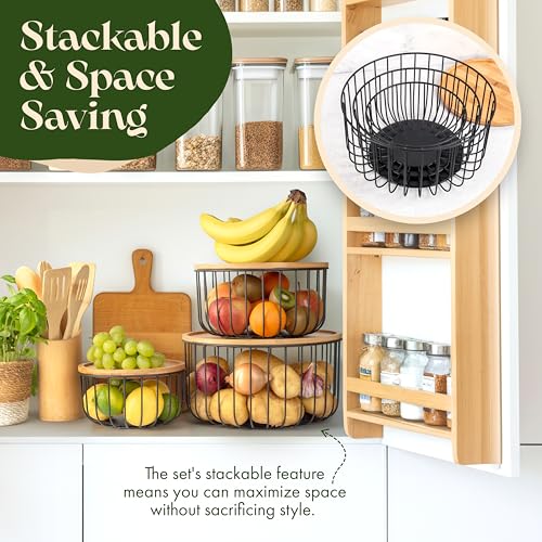 Fruit Basket for Kitchen Counter Set of 3 - Large Stackable Baskets with Bamboo Lid - Fruit Bowl, Perfect Holder For Fruits and Vegetable Storage -Keep Your Countertop Classy, Tidy and Slightly Fruity - Image 5