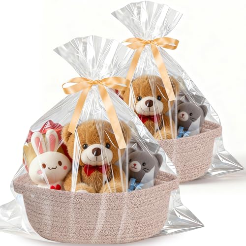 Image of Small Basket with Gift Bags and Ribbons,Small Woven Basket Cute Oval Cotton Rope Gifts with Handle Empty Baby Wicker Storage for Baby Showers Pet Toy Bin (Brown, 2 Pack (12 inchx 8 inchx 3.74 inch))
