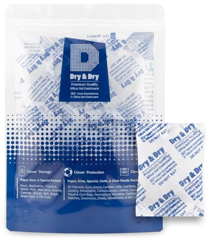 Image of Dry & Dry 20 Gram [10 Packets] Silica Gel Packets Desiccants, Silica Packets - Rechargeable Moisture Absorbers for Food Storage, Electronics, 3D Filament & Safes