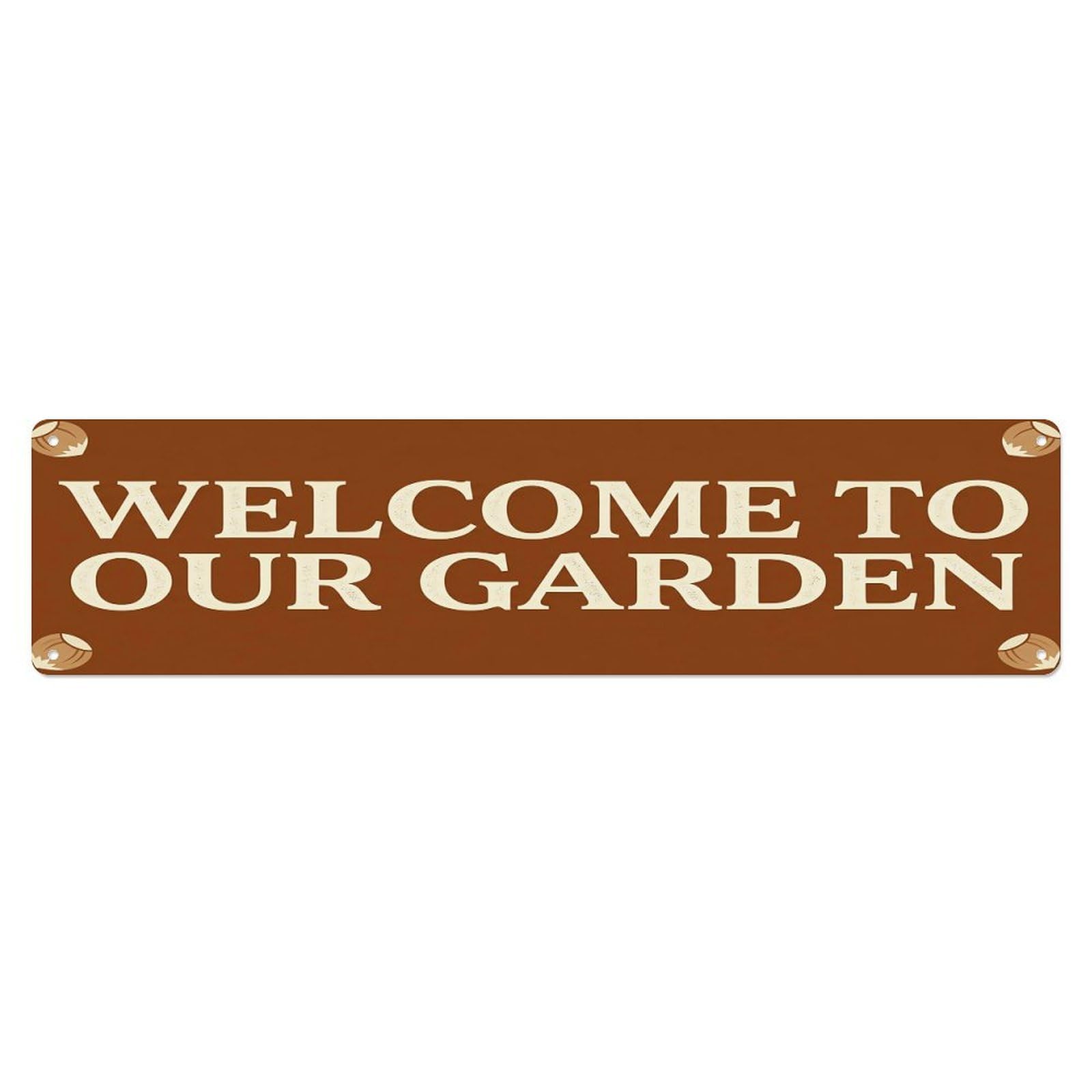 Vintage Welcome to Our Garden Hazelnut Metal Tin Sign