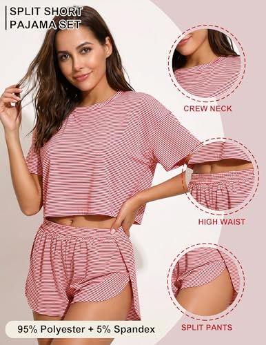 Image of Split Short Pajama Set Soft Women's Striped Pajama Sleeve Tee & Elastic Waist Shorts Summer Lounge Sleepwear