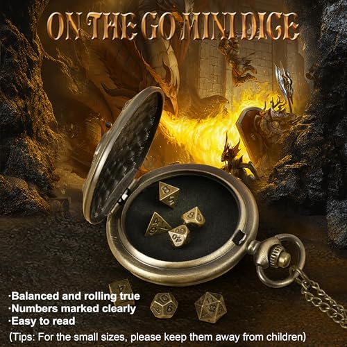 Image of Kabinka DND Dice Set, 7pcs Mini Metal Dice with Pocket Watch Shell, Portable D&D Die with Necklace, Dungeons and Dragons Dice for RPG(Five-Headed Dragon, Bronze)