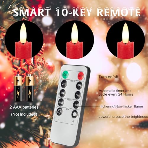 Image of Red Flameless Taper Candles with Rmote, 9.6 inch Real Wax Battery Operated Candles with 3D Wick, 3 Pack Christmas Led Candlesticks for Table, Home, Wedding, Party, Xmas Decor