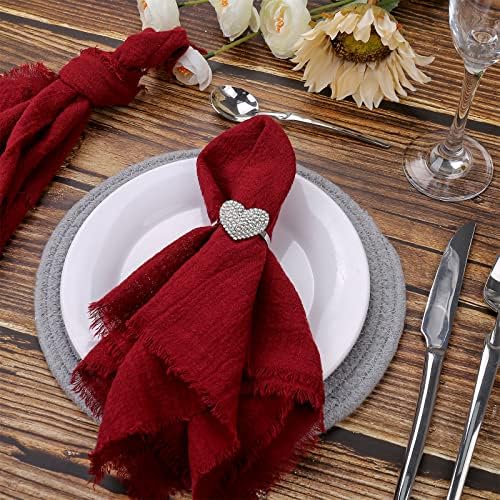 LogHog Wedding Napkin Rings Set of 4, Handmade Heart-Shaped Napkin Rings for Banquet, Birthday, Thanksgiving Table Decor Valentine's Day（Silver）