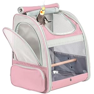 Bird Backpack Carrier, Backpack with Stand Perch and Metal Tray, Travel Carrier Backpack (Pink, Bird Backpack)